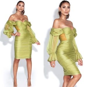 Pastel green Silk Pleated Off Shoulder Balloon Sleeves Dress